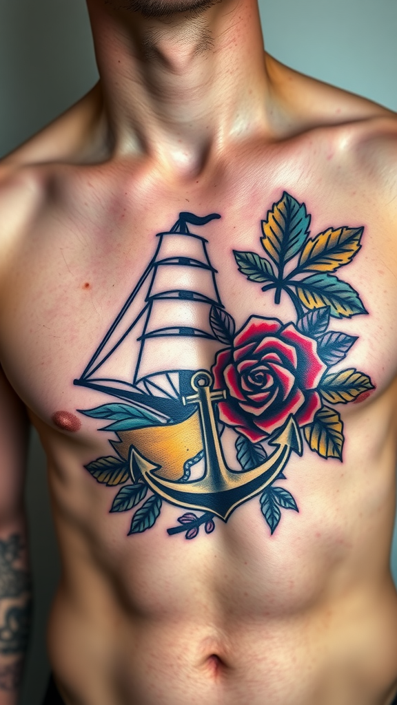 Traditional sailor tattoo design featuring an anchor, ship, and rose