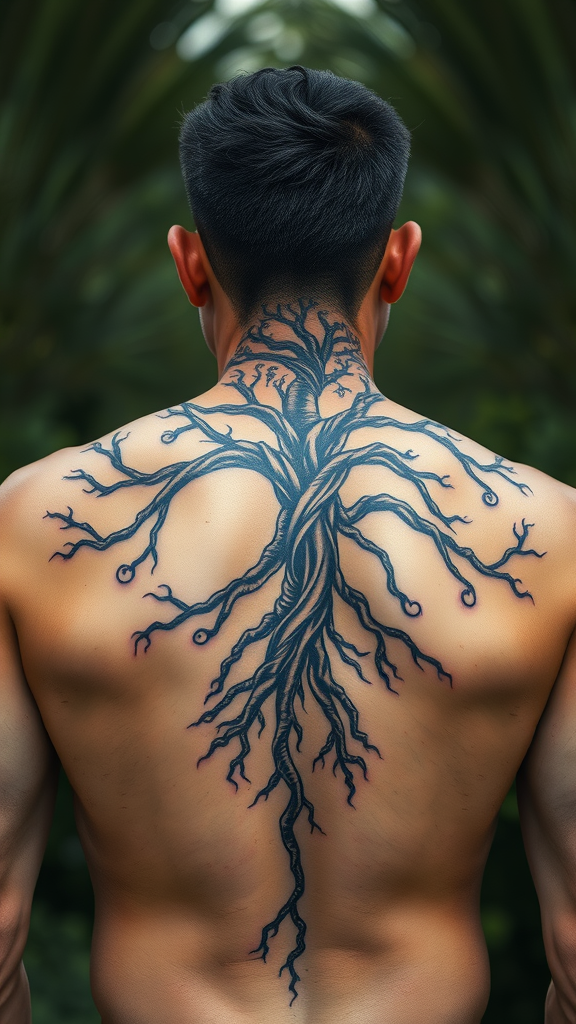 A man's back tattoo featuring a detailed Tree of Life design.