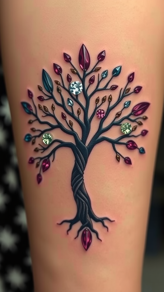 Colorful Tree of Life tattoo with various birthstone-like gems