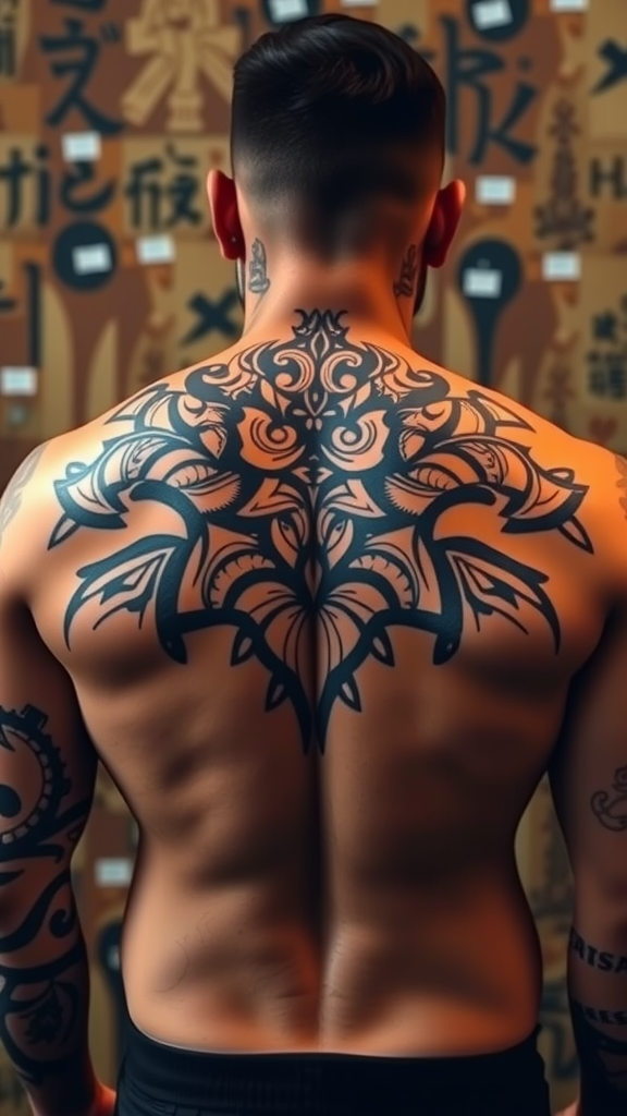 A man with a large tribal tattoo on his back, showcasing intricate designs.