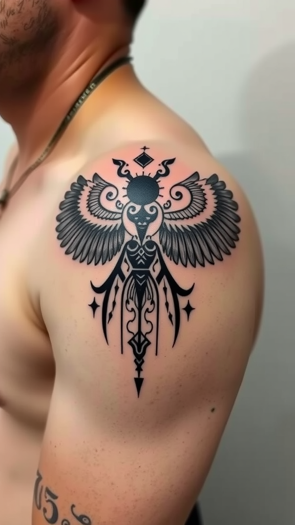 A tribal Icarus tattoo design on a person's shoulder, showcasing intricate patterns and bold lines.