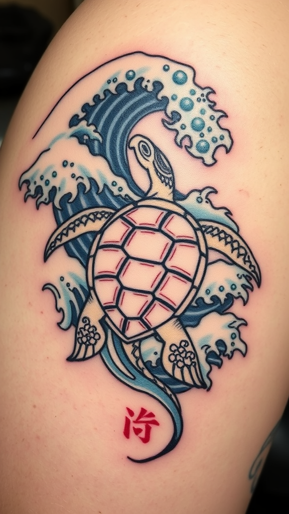 A tattoo of a turtle swimming through waves with Japanese symbols