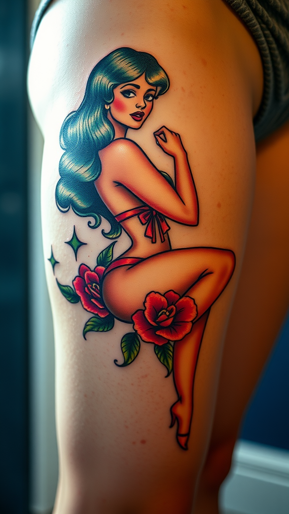 A vintage-inspired pin-up girl tattoo featuring a woman with long hair in a playful pose surrounded by flowers.