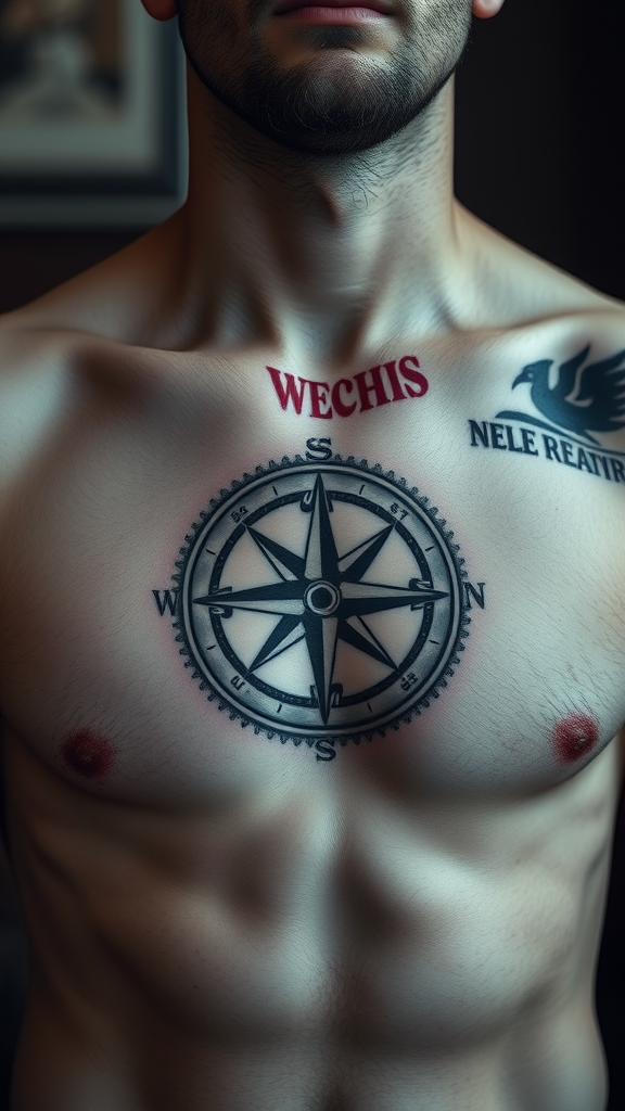 A vintage compass tattoo on a man's chest.