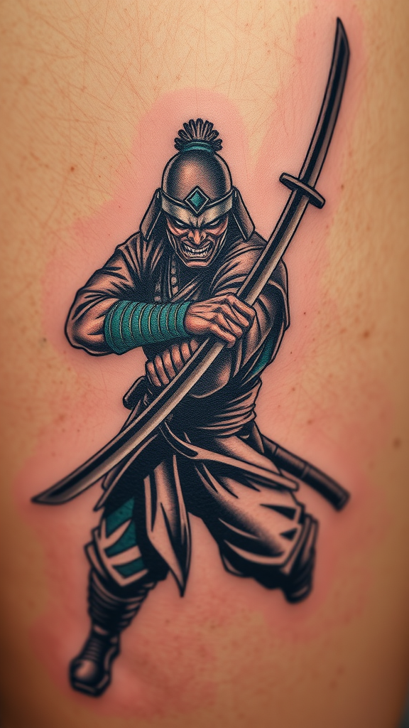 Tattoo of a warrior holding a katana, showcasing strength and skill.