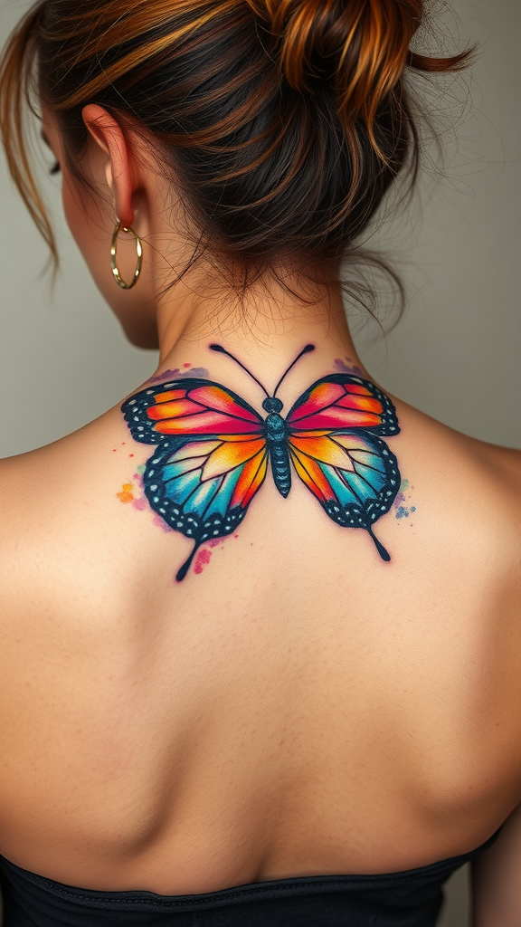 A colorful watercolor butterfly tattoo on the back of a woman.