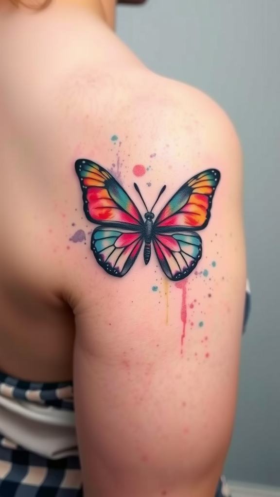 Colorful watercolor butterfly tattoo on a shoulder