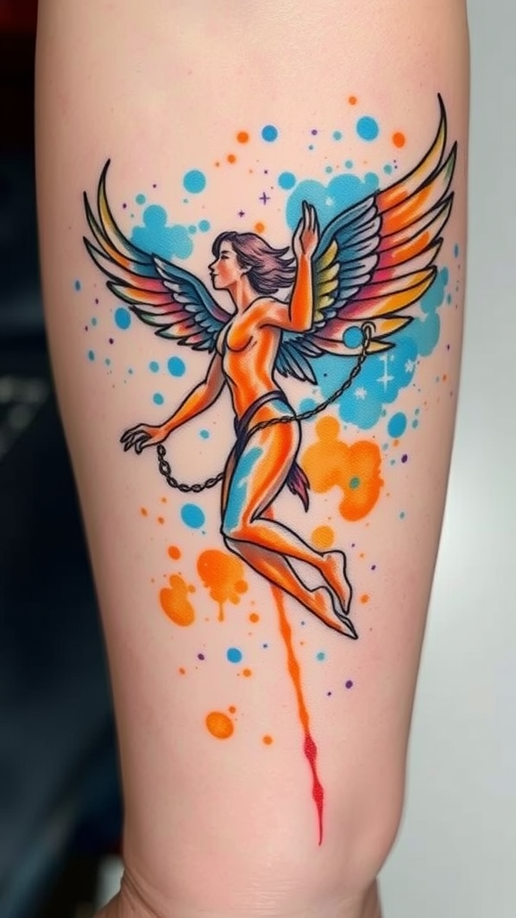 A colorful watercolor tattoo of Icarus with wings, featuring splashes of blue, orange, and yellow.