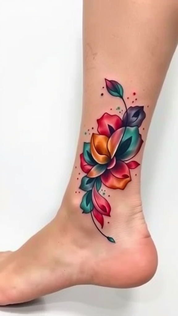 Vibrant watercolor tattoo featuring a colorful flower design on the ankle.