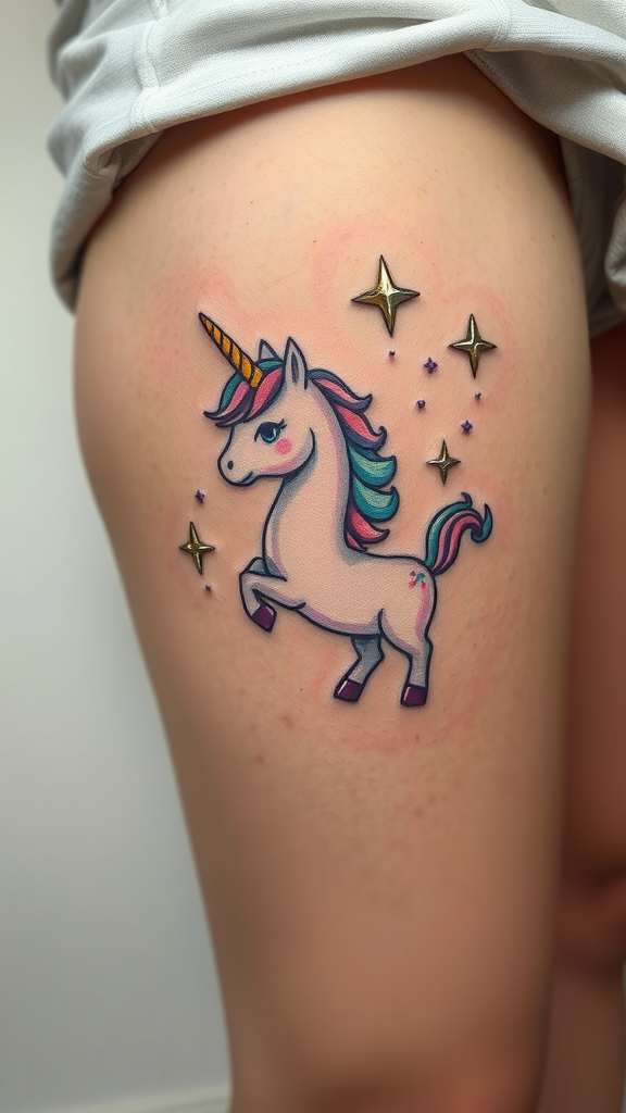 A whimsical unicorn tattoo featuring a colorful unicorn with a sparkling background.