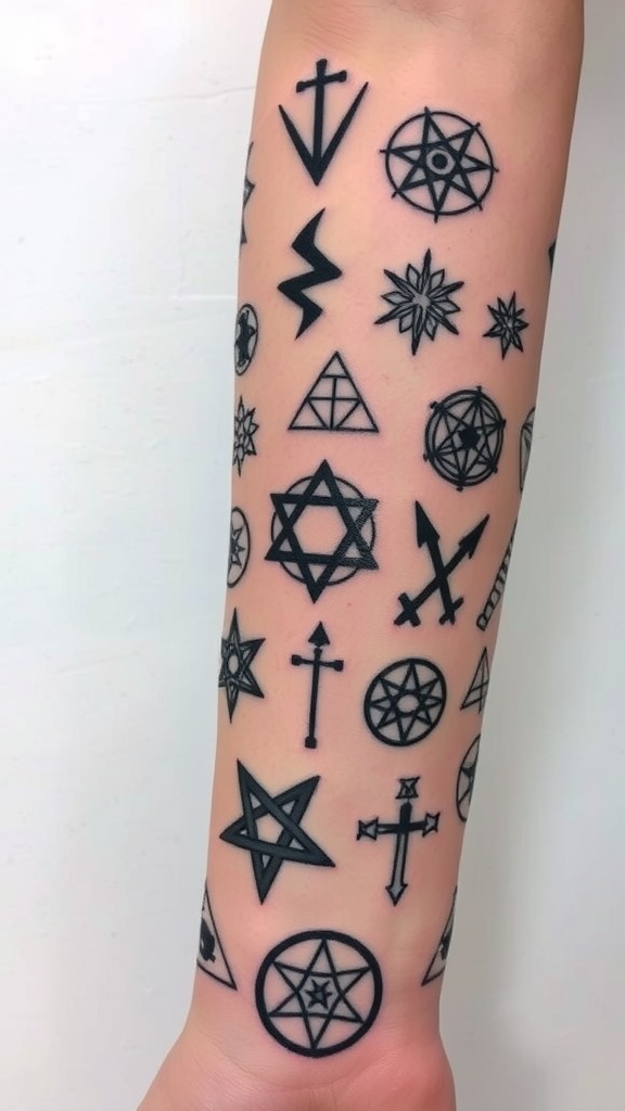 A collection of witchy symbols and sigils tattooed on a forearm.