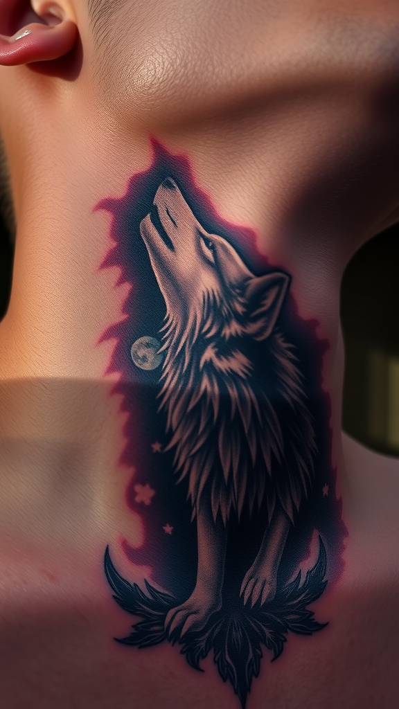 A detailed neck tattoo of a wolf howling at the moon, showcasing intricate fur and a celestial background.