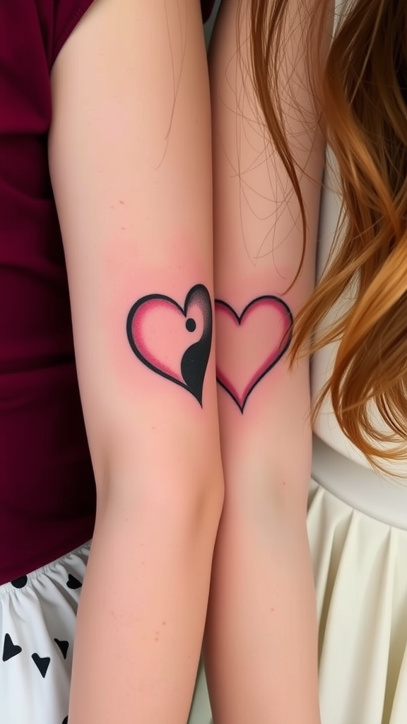 Sisters with matching Yin Yang heart tattoos on their arms.