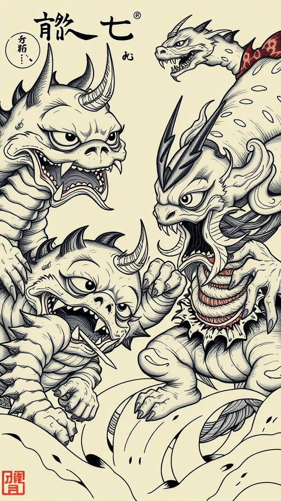 Illustration of various fierce yokai creatures