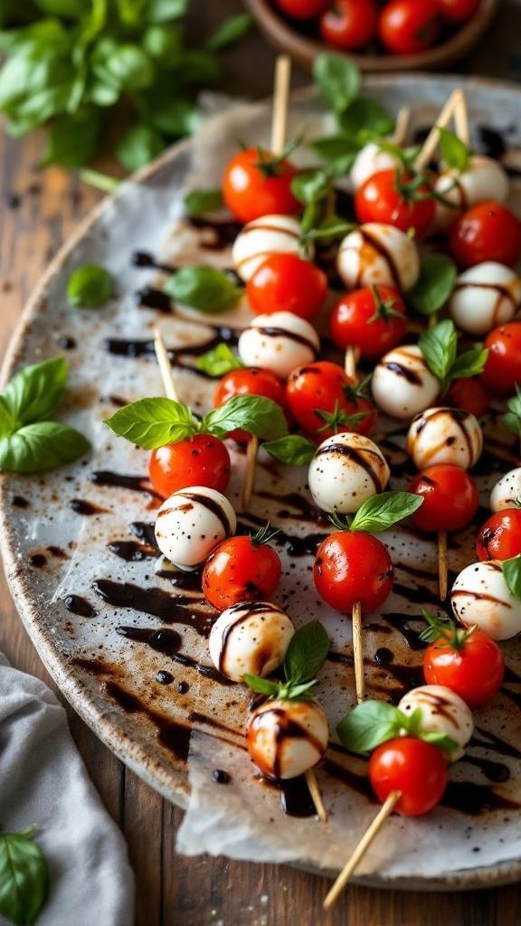Mini Caprese skewers with cherry tomatoes, mozzarella, and basil on a platter