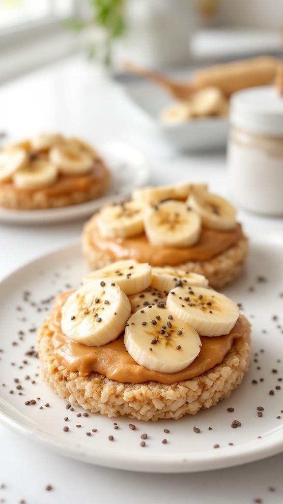 Rice cakes topped with peanut butter and banana slices, sprinkled with chia seeds.