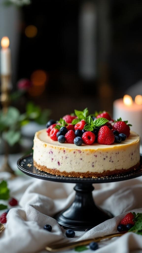 A beautifully decorated no-bake cheesecake topped with fresh berries on a black cake stand.