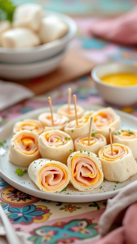 Plate of turkey and cheese roll-ups with colorful background