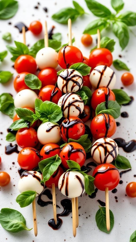 Fresh Caprese skewers with cherry tomatoes, mozzarella balls, and basil drizzled with balsamic glaze.
