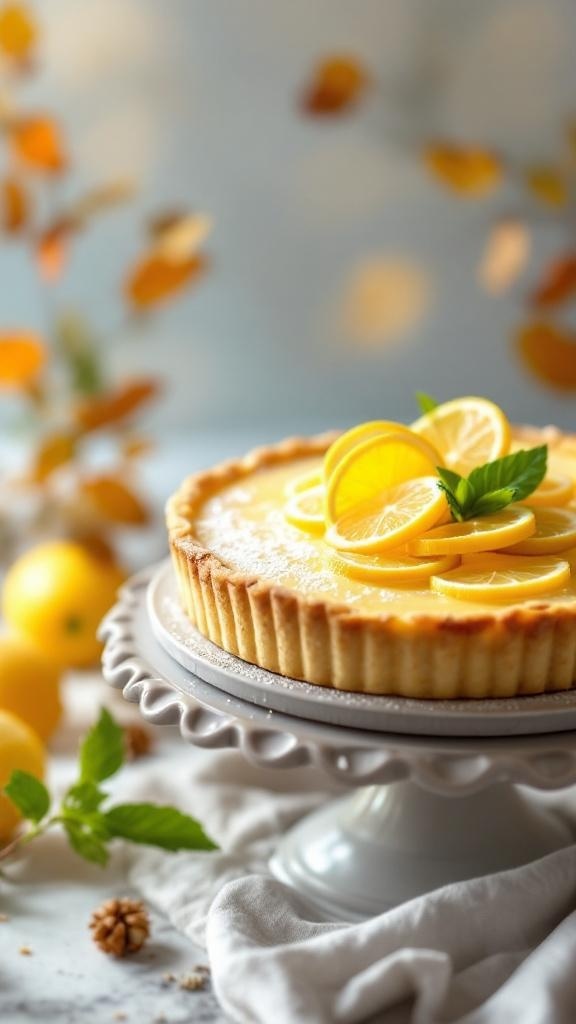 A beautifully arranged lemon tart with almond crust, garnished with lemon slices and mint leaves.
