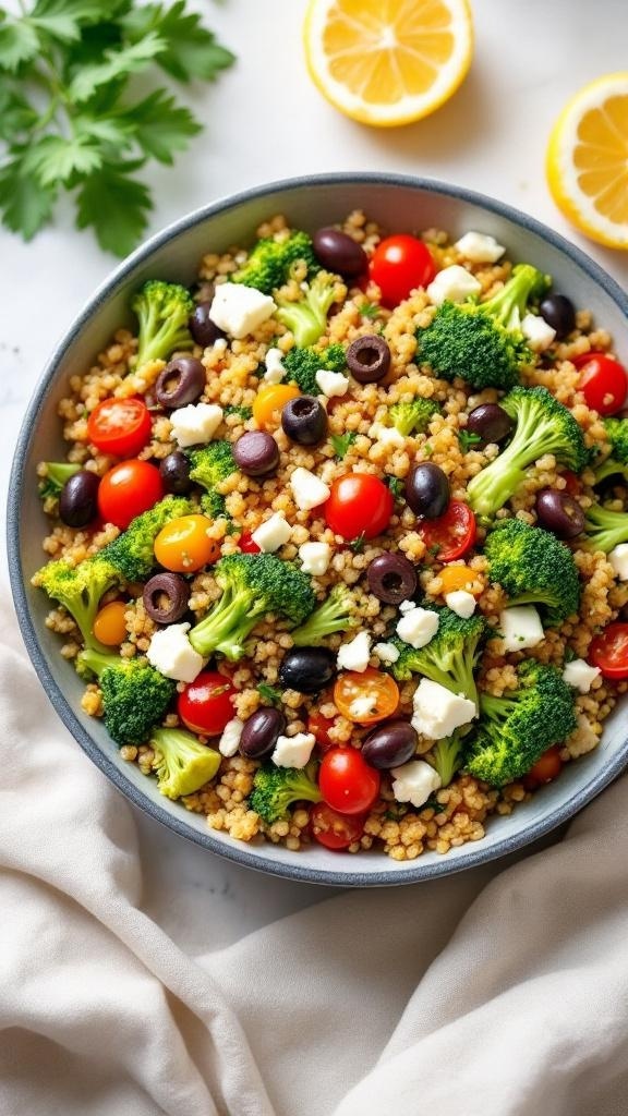 A colorful Mediterranean quinoa broccoli salad with cherry tomatoes, olives, and feta cheese in a bowl.
