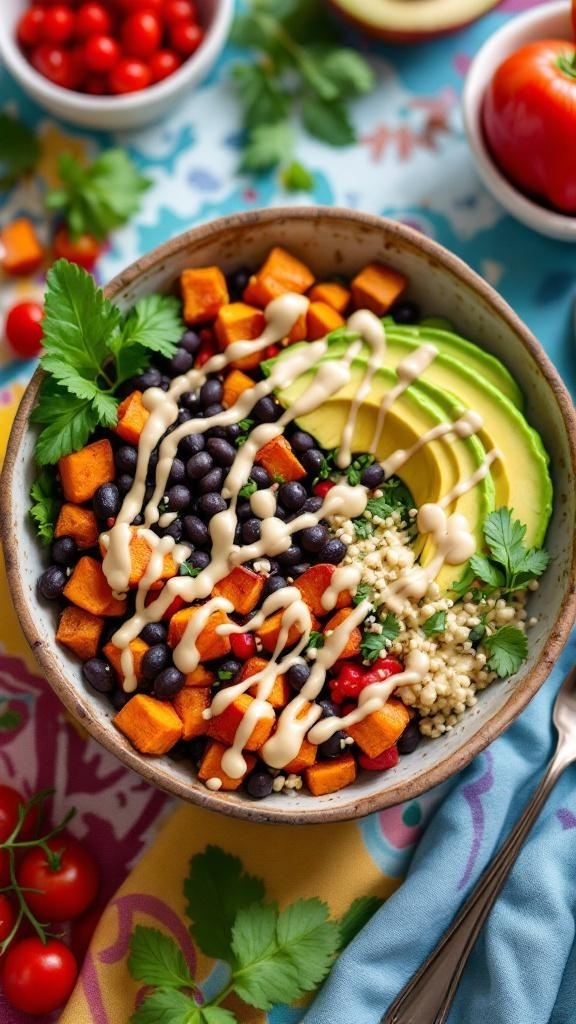 A colorful bowl filled with roasted sweet potatoes, black beans, avocado slices, and drizzled with tahini dressing.