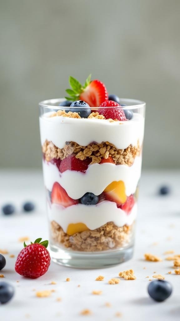 A delicious Greek yogurt fruit parfait layered with yogurt, mixed berries, and granola in a glass.
