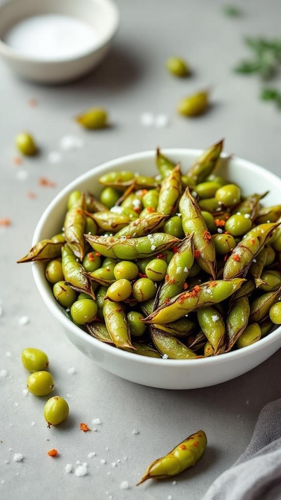 A bowl of spicy roasted edamame with red pepper flakes and sea salt