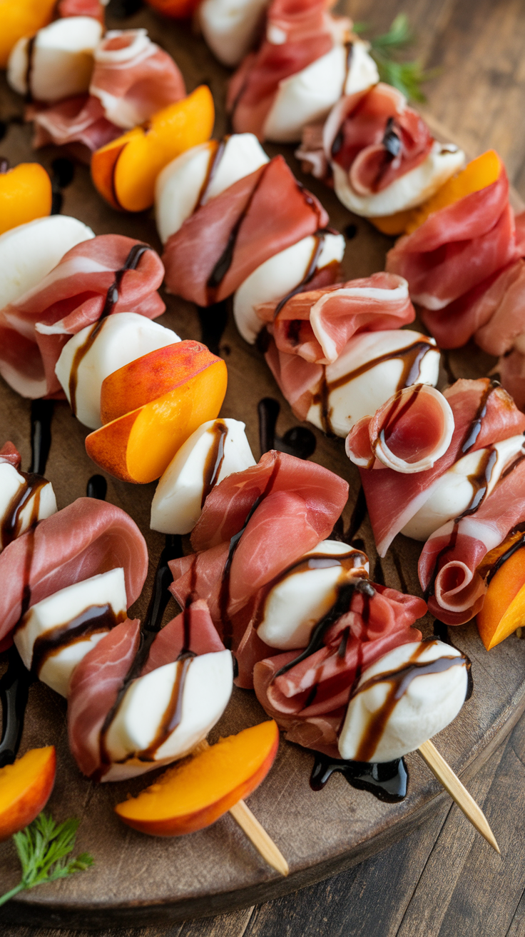 Mozzarella, prosciutto, and pickled peach skewers arranged on a platter, drizzled with balsamic glaze.