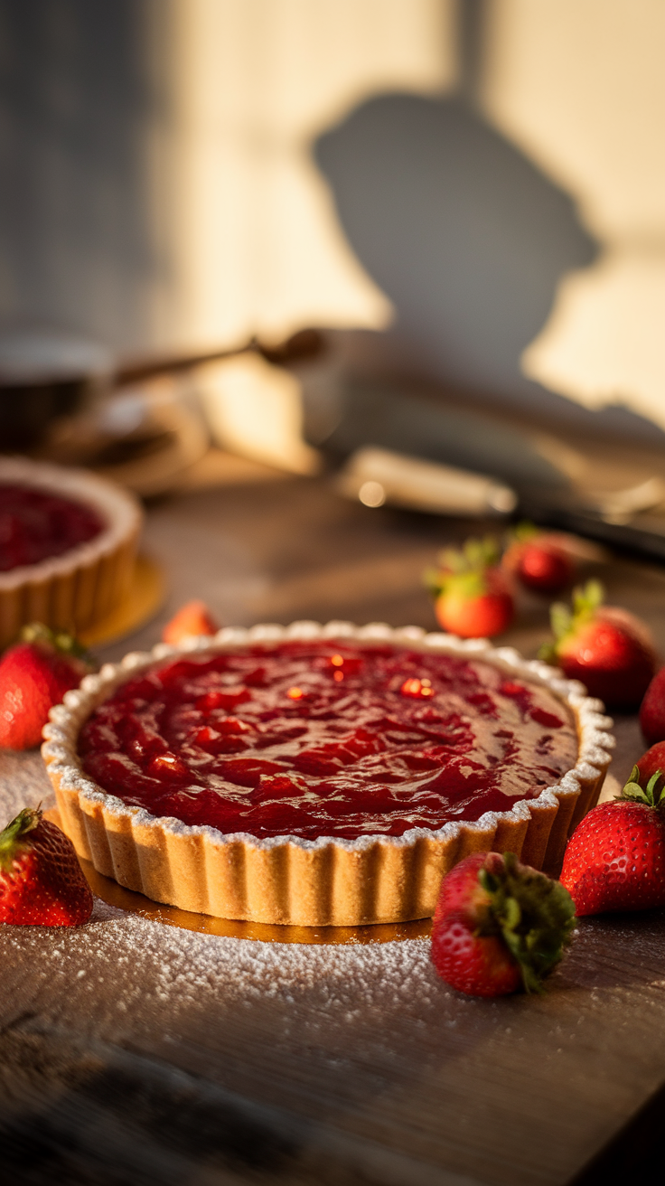 A delicious strawberry jam tart with a golden crust and vibrant red jam, garnished with fresh strawberries and a sprinkle of powdered sugar.
