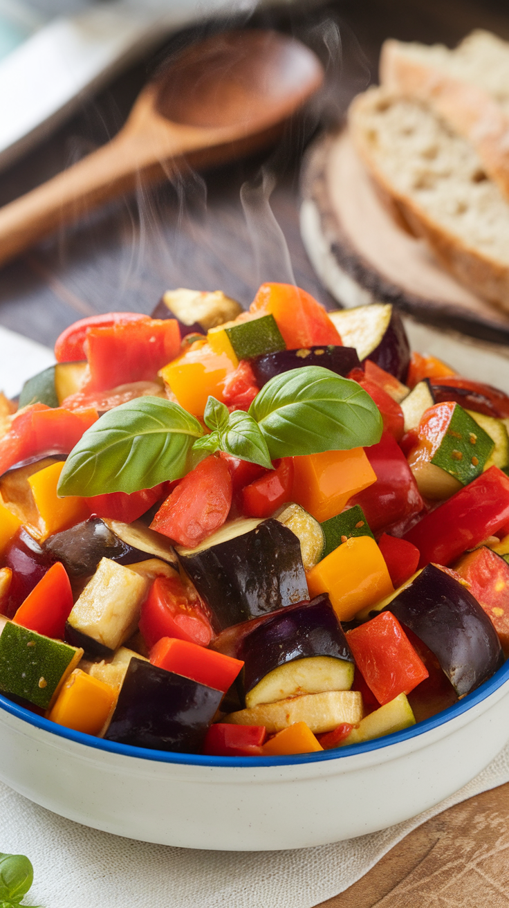 A vibrant bowl of healthy ratatouille with colorful vegetables, garnished with basil, on a rustic table with bread.