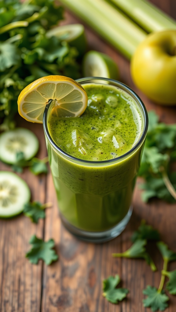 Refreshing green smoothie with spinach, kale, green apple, cucumber, served with lemon.