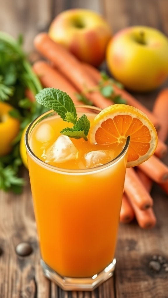 Refreshing Apple Carrot Orange Juice Recipe Bright orange juice in a glass with orange slice and mint, surrounded by apples and carrots.