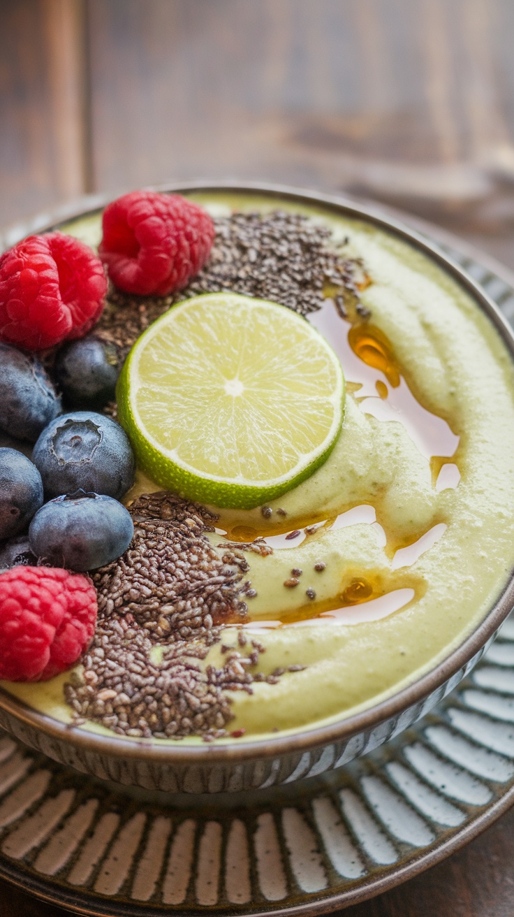 A vibrant avocado lime smoothie bowl topped with berries and chia seeds.