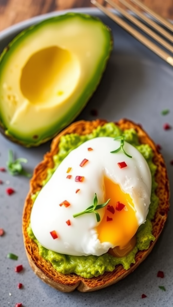 Avocado toast with a poached egg and red chili flakes on a plate.
