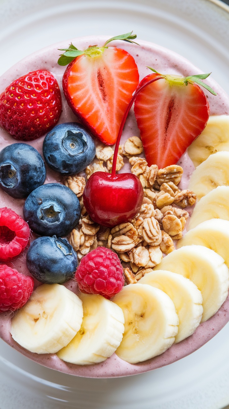 Berry banana split smoothie bowl topped with fresh fruits and granola