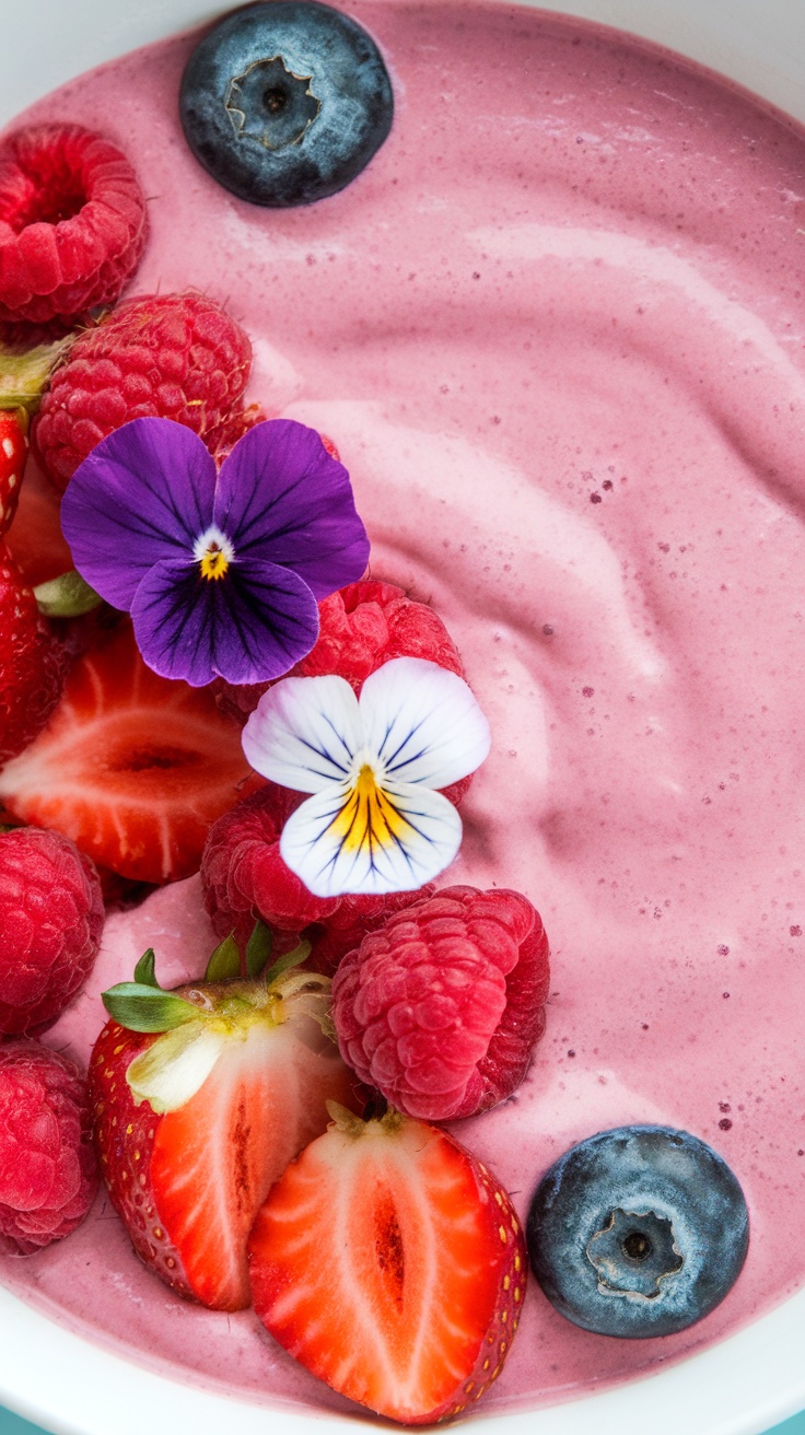 A colorful berry smoothie bowl topped with fresh fruits and edible flowers