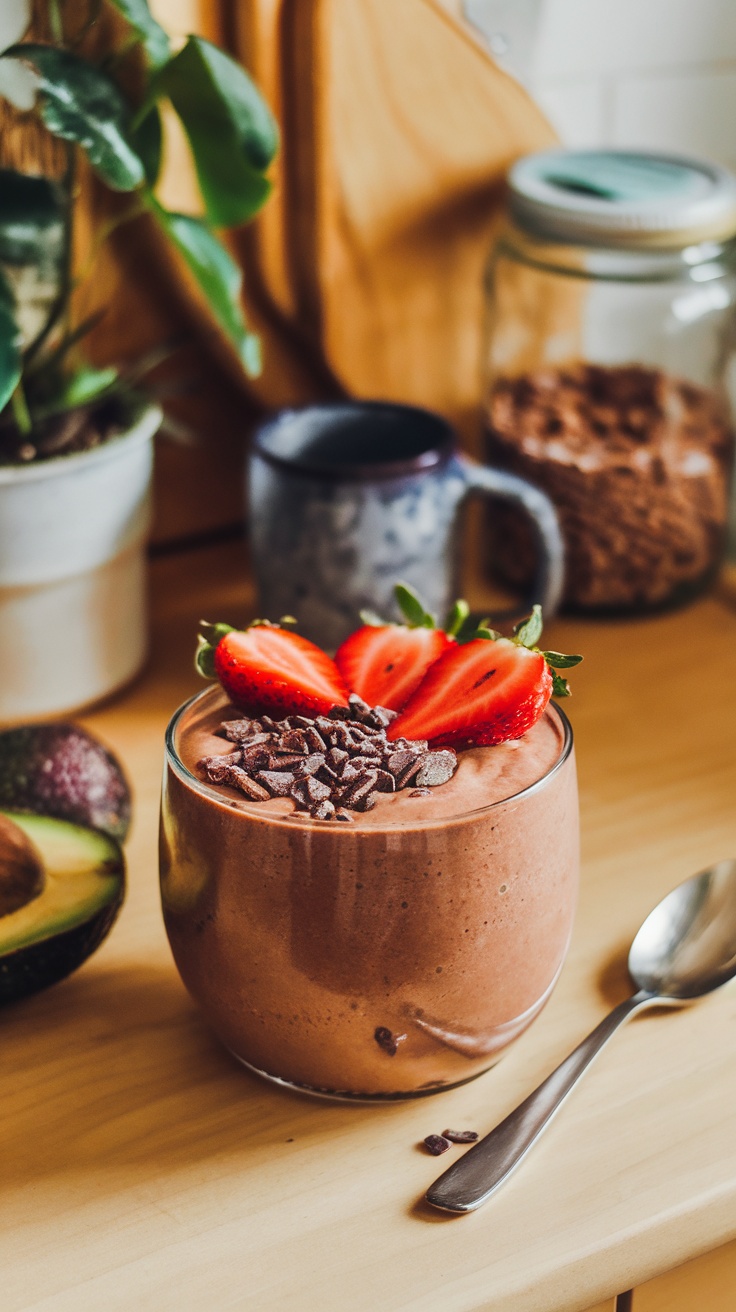A delicious chocolate avocado smoothie bowl topped with strawberries and chocolate shavings.