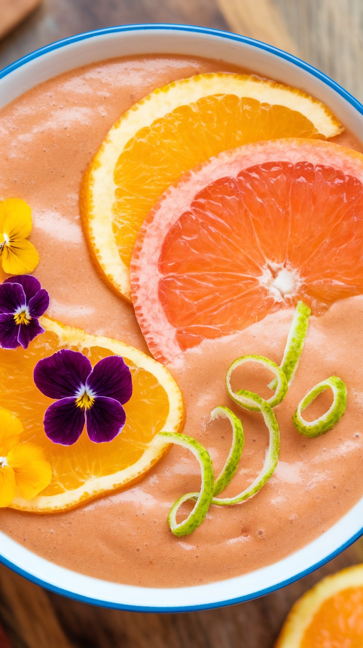 A colorful Citrus Sunshine Bowl with orange and grapefruit slices topped with edible flowers.