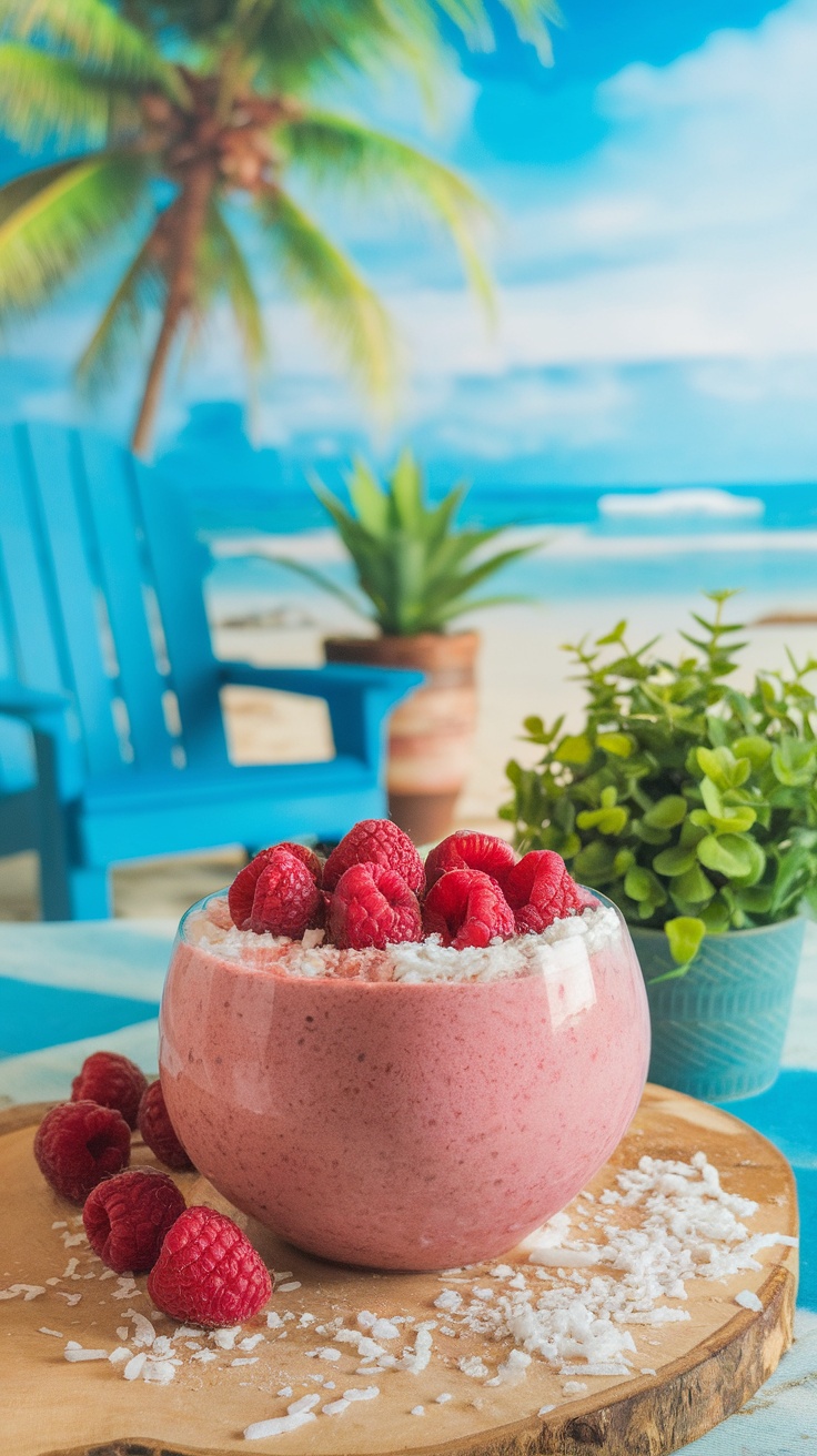 A delicious Coconut Raspberries Delight Bowl topped with fresh raspberries and shredded coconut.