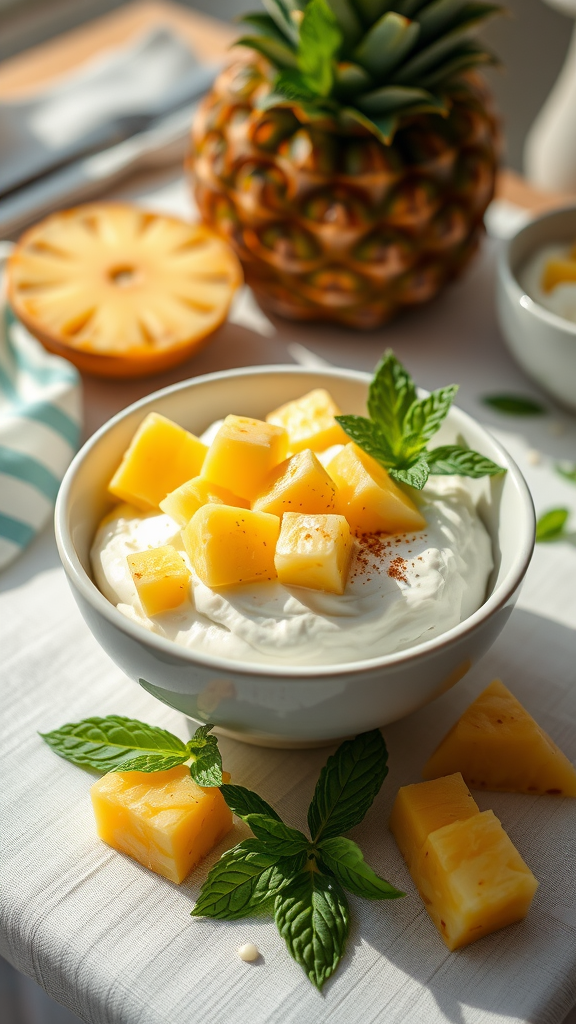 A bowl of cottage cheese topped with fresh pineapple chunks and mint leaves, with a whole pineapple in the background.