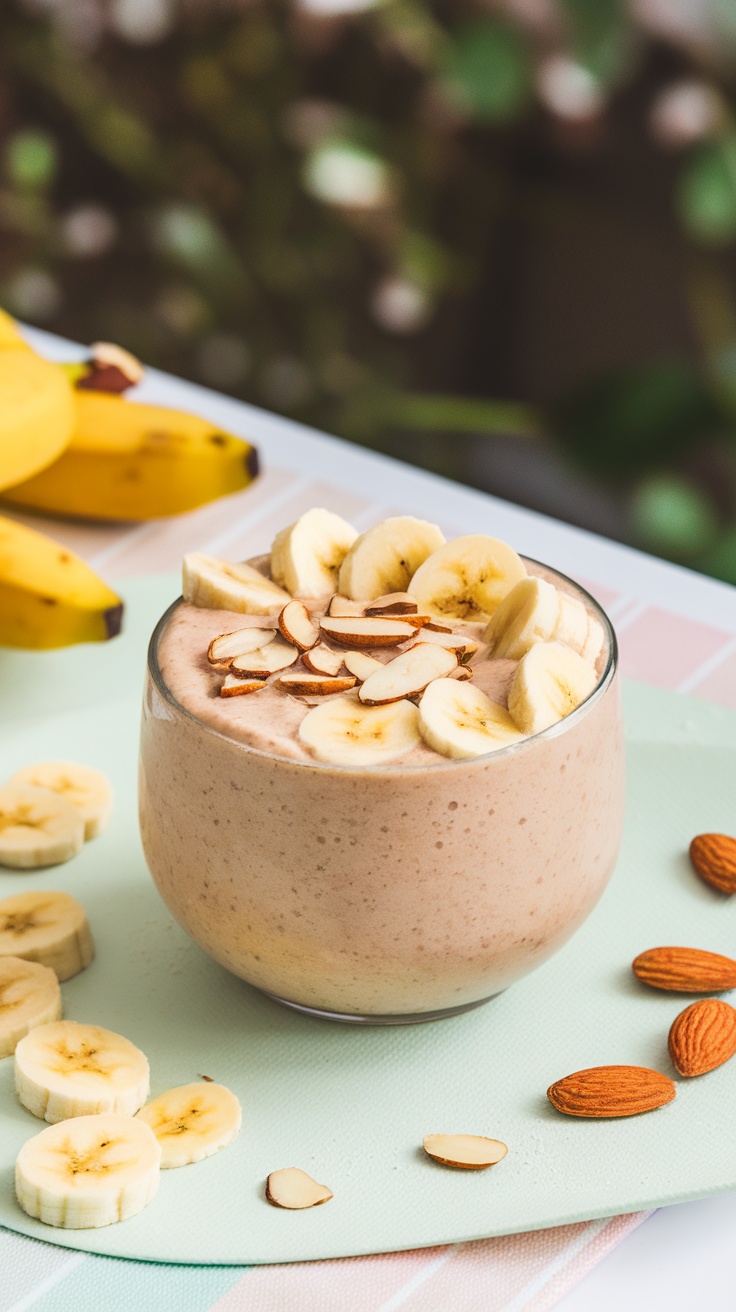A creamy almond banana smoothie bowl topped with sliced bananas and almonds