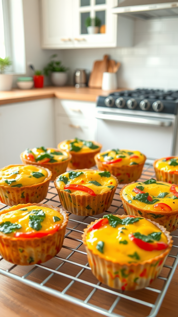 A tray of colorful egg muffins with vegetables on a cooling rack in a bright kitchen.
