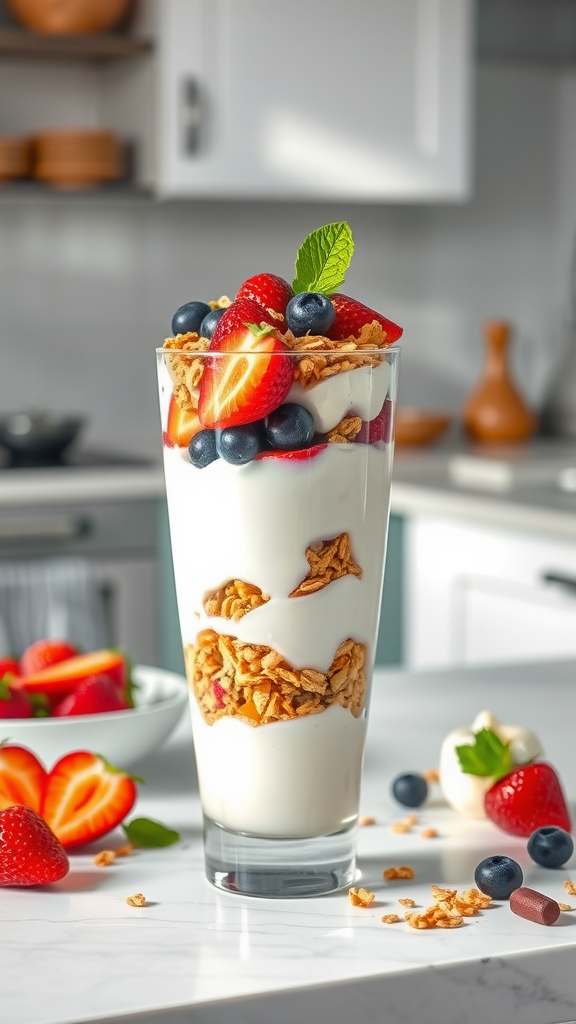 A delicious Greek yogurt parfait in a glass, layered with granola, strawberries, and blueberries.