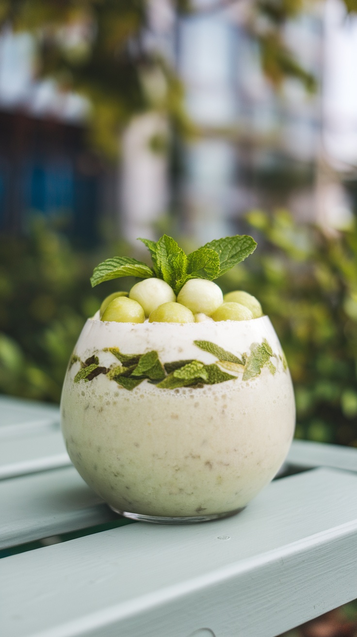 A Honeydew Mint Cooler Bowl topped with mint leaves and honeydew balls, perfect for spring.