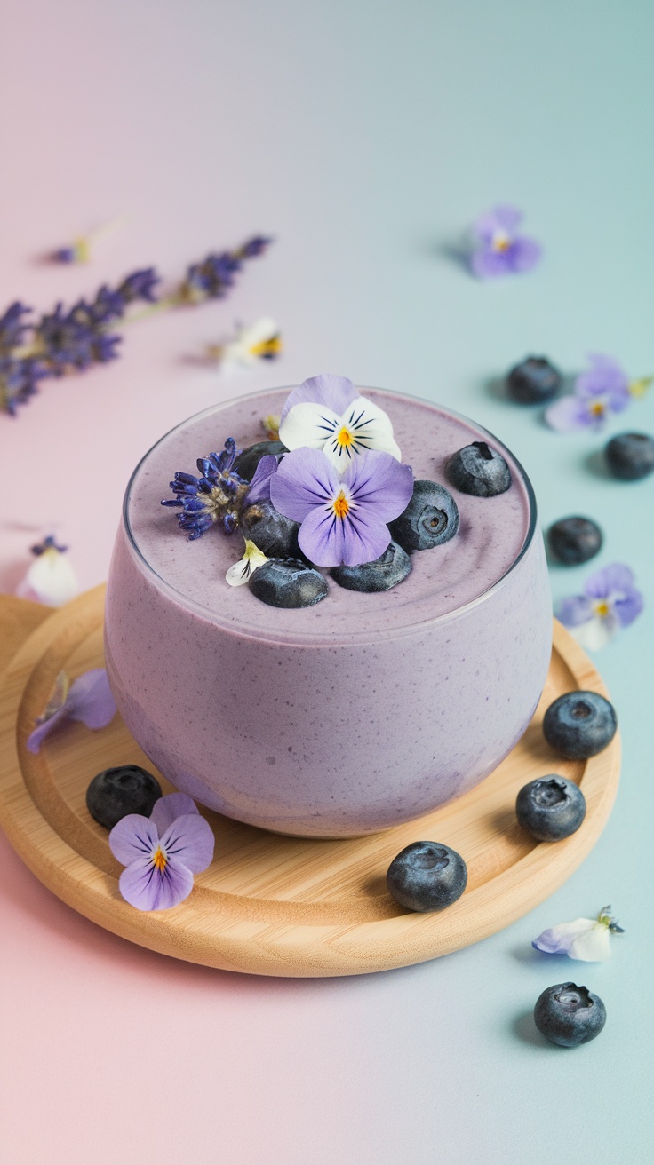 Lavender Blueberry Dream Bowl with fresh blueberries and edible flowers on top.