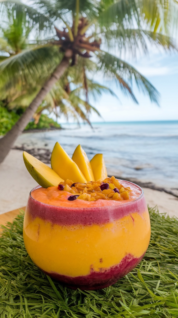 A Mango Passionfruit Smoothie Bowl topped with fresh fruit and granola.