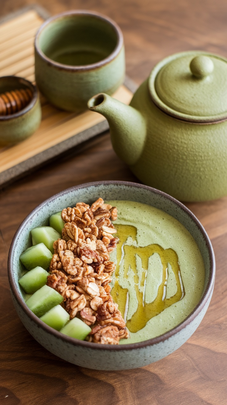 A vibrant matcha green tea smoothie bowl topped with granola and fruit.