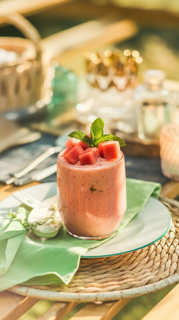 A refreshing minty melon smoothie bowl topped with watermelon and mint leaves.