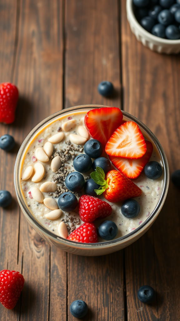 A bowl of overnight oats topped with fresh berries and chia seeds on a wooden table.